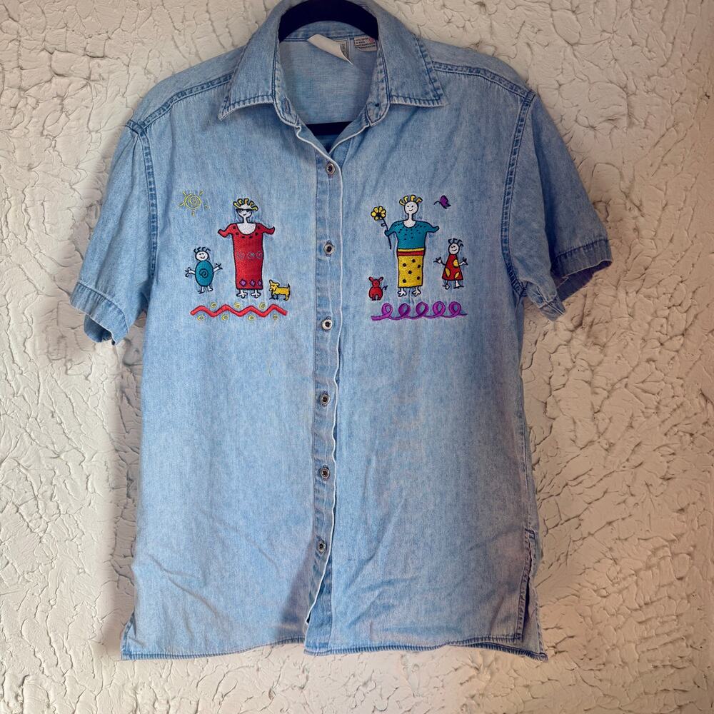 Vintage 90s Embroidered Denim Shirt Very Important Pieces Folk Art Button Up